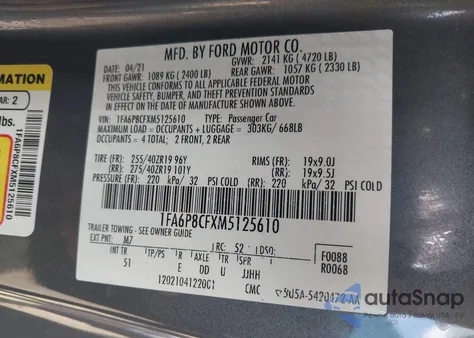 2021 Ford Mustang Gt Premium Fastback из США, поврежденный, VIN 1FA6P8CFXM5125610